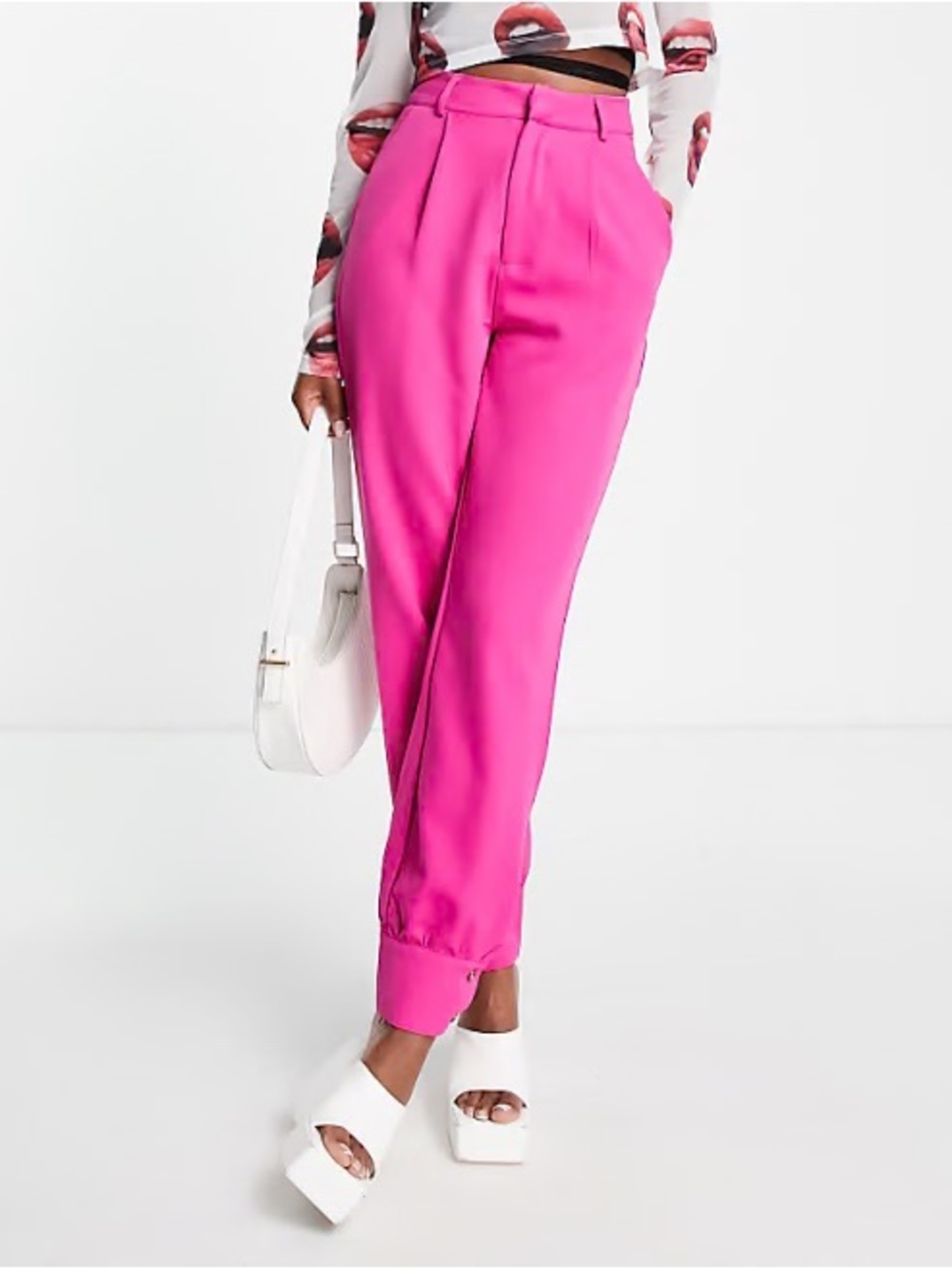 ASOS Heartbreak Hot Pink Button Cuff Tailored Pants High-Waist Pink Tapered